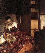 VERMEER VAN DELFT, Jan A Woman Asleep at Table wet oil on canvas